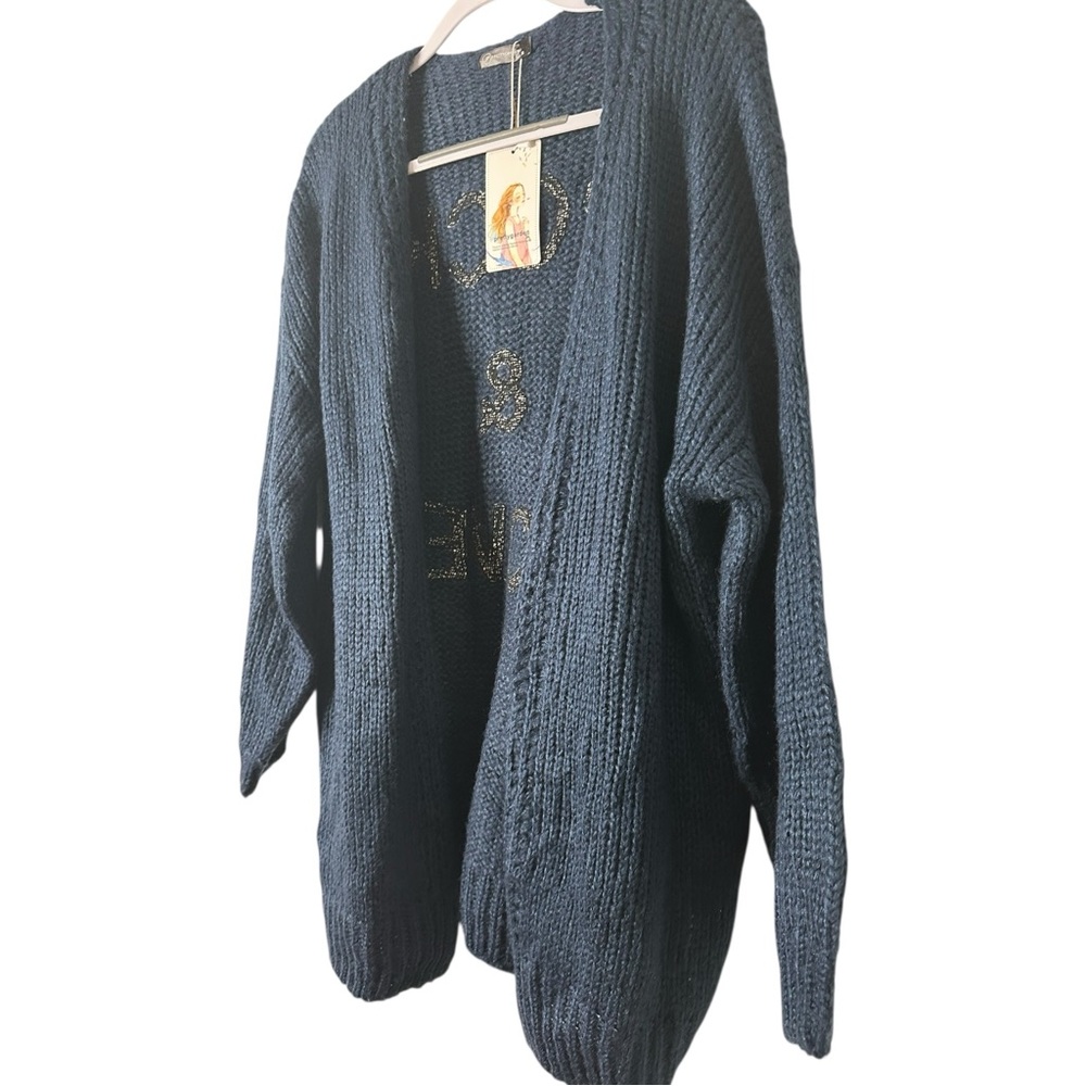 Rock & Love Women's Blue Cardigan Size Small Oversized Warm & Comfy Blue & Black - Picture 6 of 13